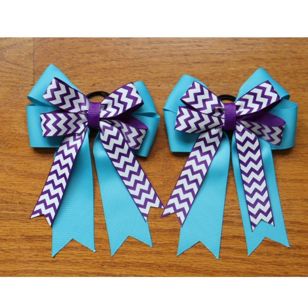 Horse show bows, Equestrian hair bows, Purple and white zigzag and sky blue show bow, Short stirrup, Lead line, Pony bows, Girls hair bows