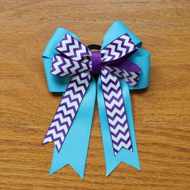 Horse show bows, Equestrian hair bows, Purple and white zigzag and sky blue show bow, Short stirrup, Lead line, Pony bows, Girls hair bows