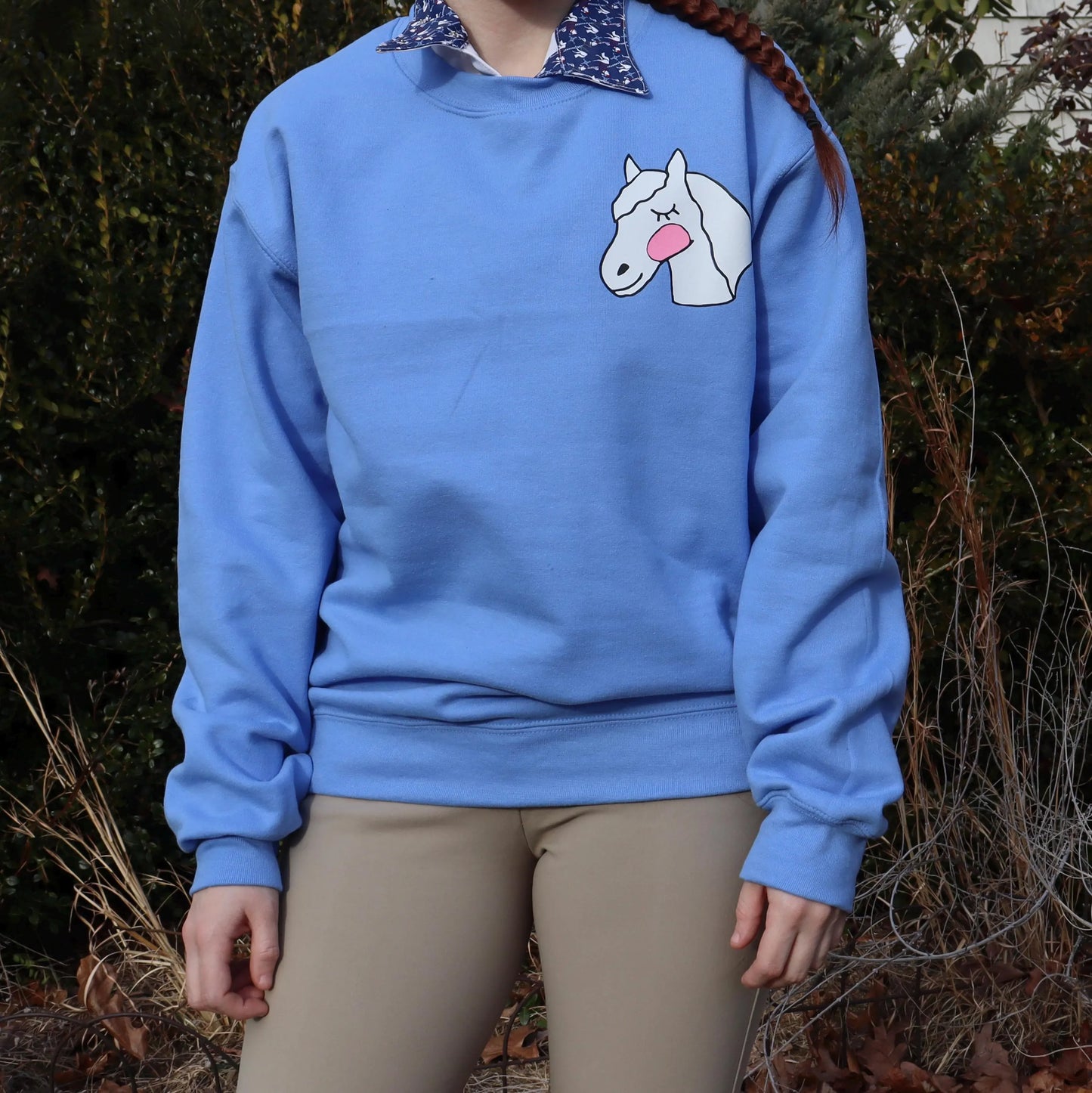Crewneck sweatshirt, Light blue sweatshirt, Cute pony design, Sweatshirt for horse riders