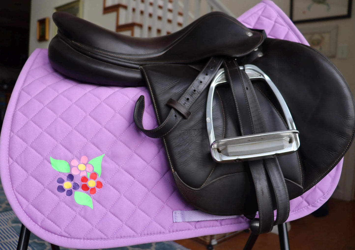 Flower belt and saddle pad, Pretty flowers on lilac saddle pad, Cute saddle and belt for horseback riders, 1.5 inch belt, Equestrian gift