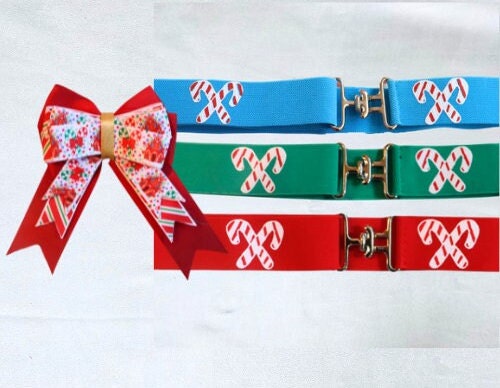 Holiday horse show bows plus belt,Equestrian hair bows and belt,Candycane stripe bows,Christmas stocking stuffer,Short stirrup bows,leadline