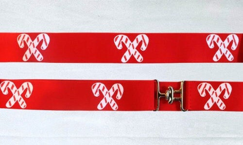 Holiday horse show bows plus belt,Equestrian hair bows and belt,Candycane stripe bows,Christmas stocking stuffer,Short stirrup bows,leadline