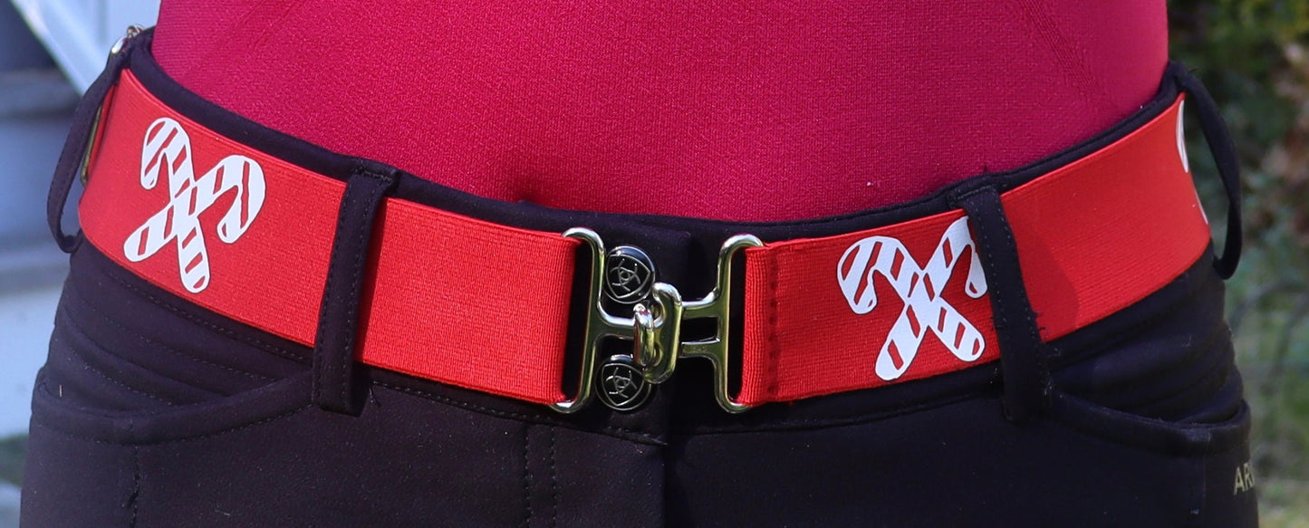 Red Holiday horse show bows plus belt,Equestrian hair bows and belt,Candycane stripe bows,Christmas stocking stuffer,Short stirrup bows,leadline