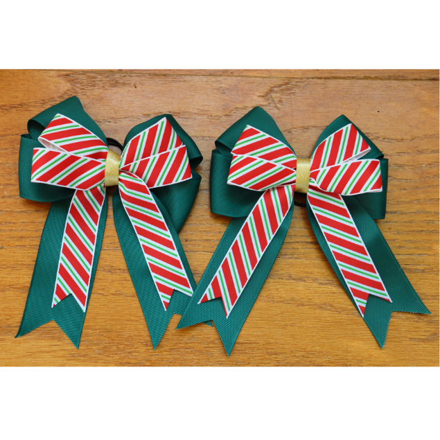 Red and Green stripe Holiday show bows for Equestrian