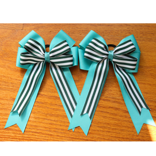 Horse show bows, Equestrian hair bows, Teal and hunter green stripe, Short stirrup, Lead line, Pony bows, Girls hair bows