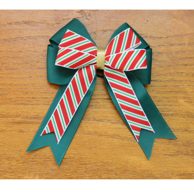 Red and Green stripe Holiday show bows for Equestrian