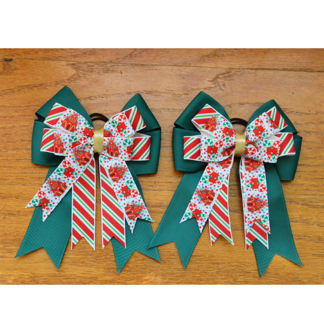 Green Holiday horse show bows plus belt,Equestrian hair bows and belt,Candycane stripe bows,Christmas stocking stuffer,Short stirrup bows,leadline