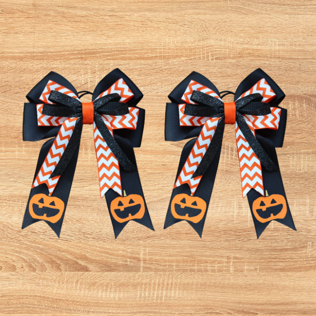 Pumpkin Halloween horse show bow plus belt, Equestrian hair bows and belt, Short stirrup bows, Lead line, Kids hair bows and belts