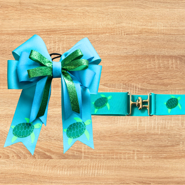 Teal Sea Turtle Show Bow & Belt Set for Horseback riders