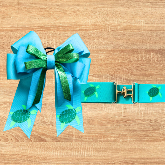 Teal Sea Turtle Show Bow & Belt Set for Horseback riders