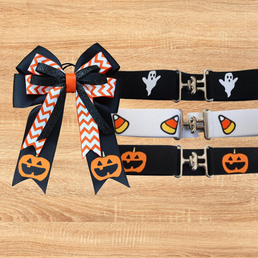 Pumpkin Halloween horse show bow plus belt, Equestrian hair bows and belt, Short stirrup bows, Lead line, Kids hair bows and belts