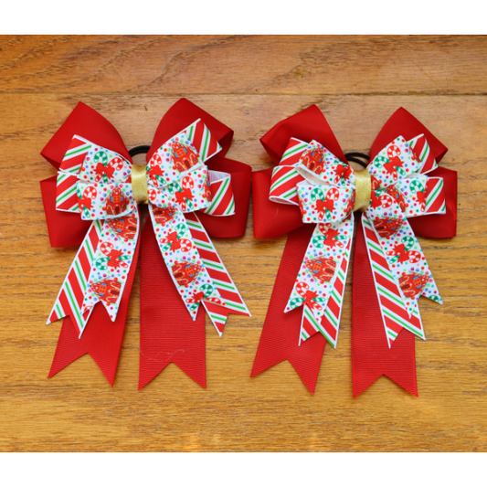 Holiday horse show bows, Christmas equestrian hair bows, Candy cane stripes and Gingerbread bows, Stocking stuffer, Short stirrup, Lead line