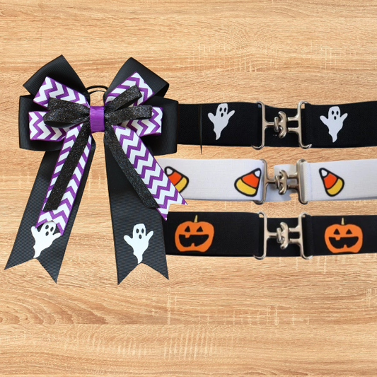 Ghost Halloween horse show bow plus belt, Equestrian hair bows and belt, Short stirrup bows, Lead line, Kids hair bows and belts