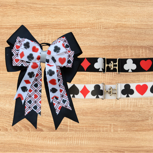 White Playing Card Design Show Bow & Belt Set for Horseback riders