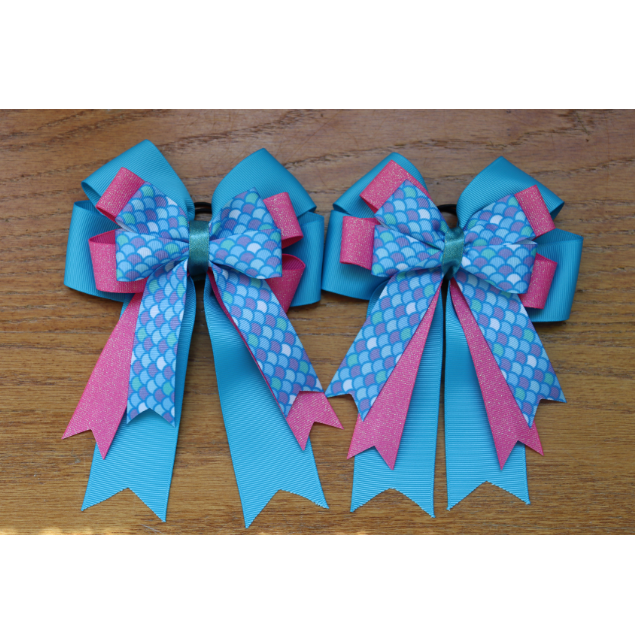 Horse show bows, Equestrian hair bows, Sparkly pink and blue mermaid scales, Short stirrup, Lead line, Pony bows, Girls hair bows