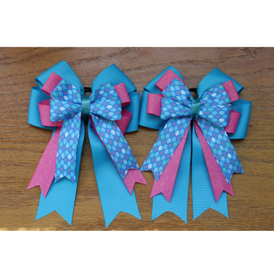 Horse show bows, Equestrian hair bows, Sparkly pink and blue mermaid scales, Short stirrup, Lead line, Pony bows, Girls hair bows