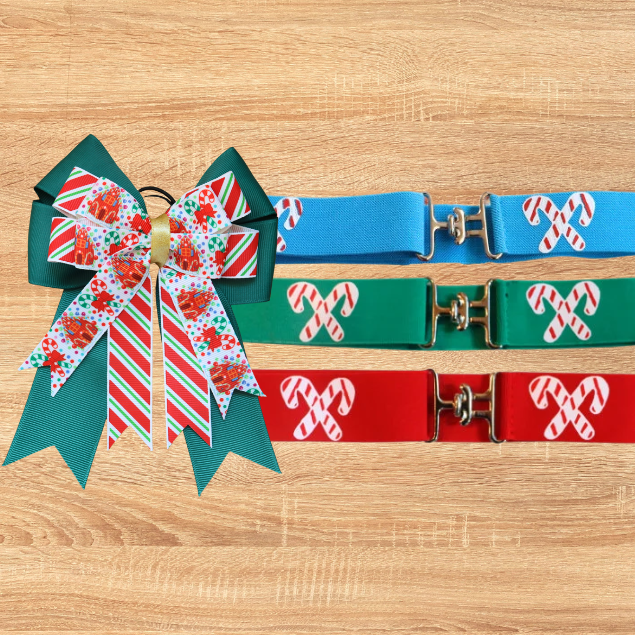 Green Holiday horse show bows plus belt,Equestrian hair bows and belt,Candycane stripe bows,Christmas stocking stuffer,Short stirrup bows,leadline