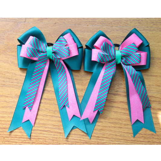 Horse show bows, Equestrian hair bows, Pink and Green stripe, Short stirrup, Lead line, Pony bows, Girls hair bows
