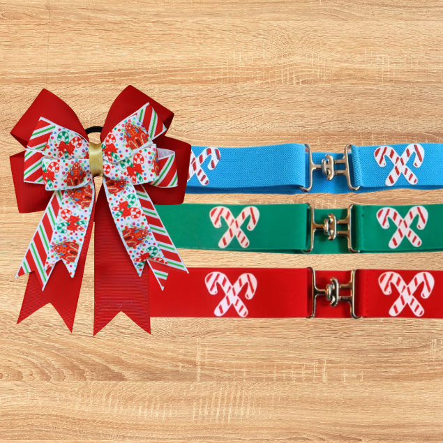 Red Holiday horse show bows plus belt,Equestrian hair bows and belt,Candycane stripe bows,Christmas stocking stuffer,Short stirrup bows,leadline