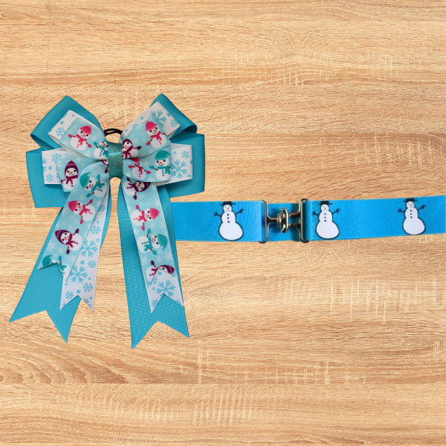 Holiday horse show bows plus belt, Equestrian hair bows and belt, Snowman bows, Christmas stocking stuffer,Short stirrup bows,Leadline bows
