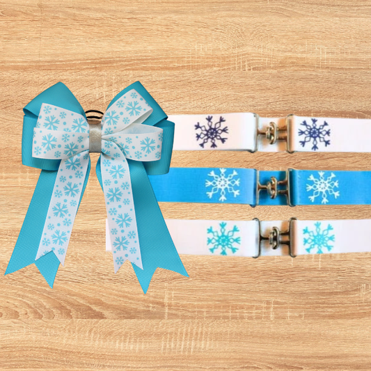 Holiday horse show bows plus belt, Equestrian hair bows and belt, Snowflake bows,Christmas stocking stuffer,short stirrup bows,leadline bow