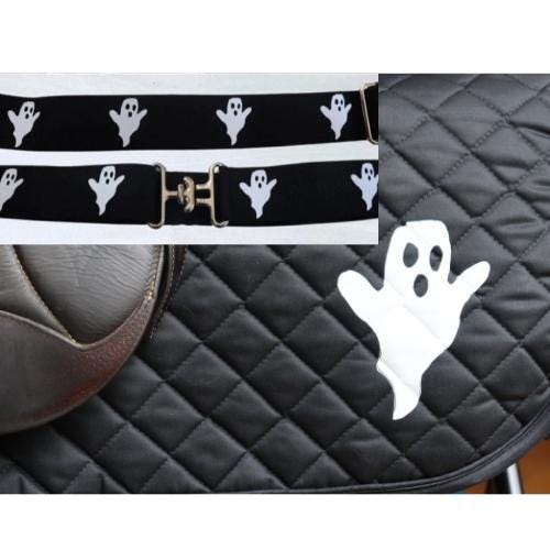Halloween belt and saddle pad, Ghosts on black saddle pad, Cute saddle pad and belt for horseback riders, Equestrian saddle pad