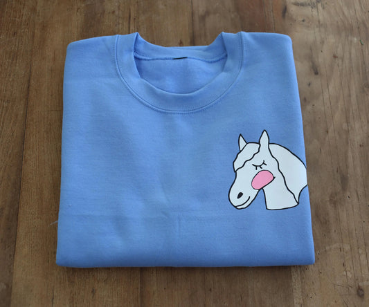 Crewneck sweatshirt, Light blue sweatshirt, Cute pony design, Sweatshirt for horse riders