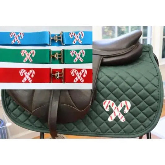 Holiday belt and saddle pad, Candy Canes on green saddle pad, Cute Christmas saddle pad and belt for horseback riders, Equestrian saddle pad