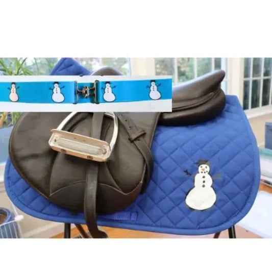 Holiday belt and saddle pad,Snowman on blue saddle pad,Cute saddle pad and belt for horseback riders,Equestrian saddle pads,Kids saddle pad
