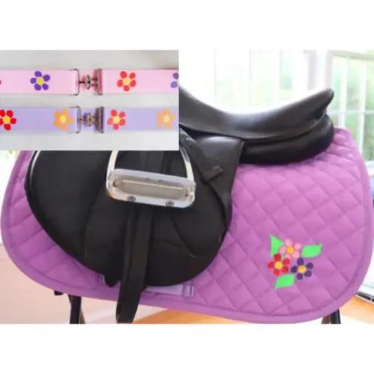 Flower belt and saddle pad, Pretty flowers on lilac saddle pad, Cute saddle and belt for horseback riders, 1.5 inch belt, Equestrian gift
