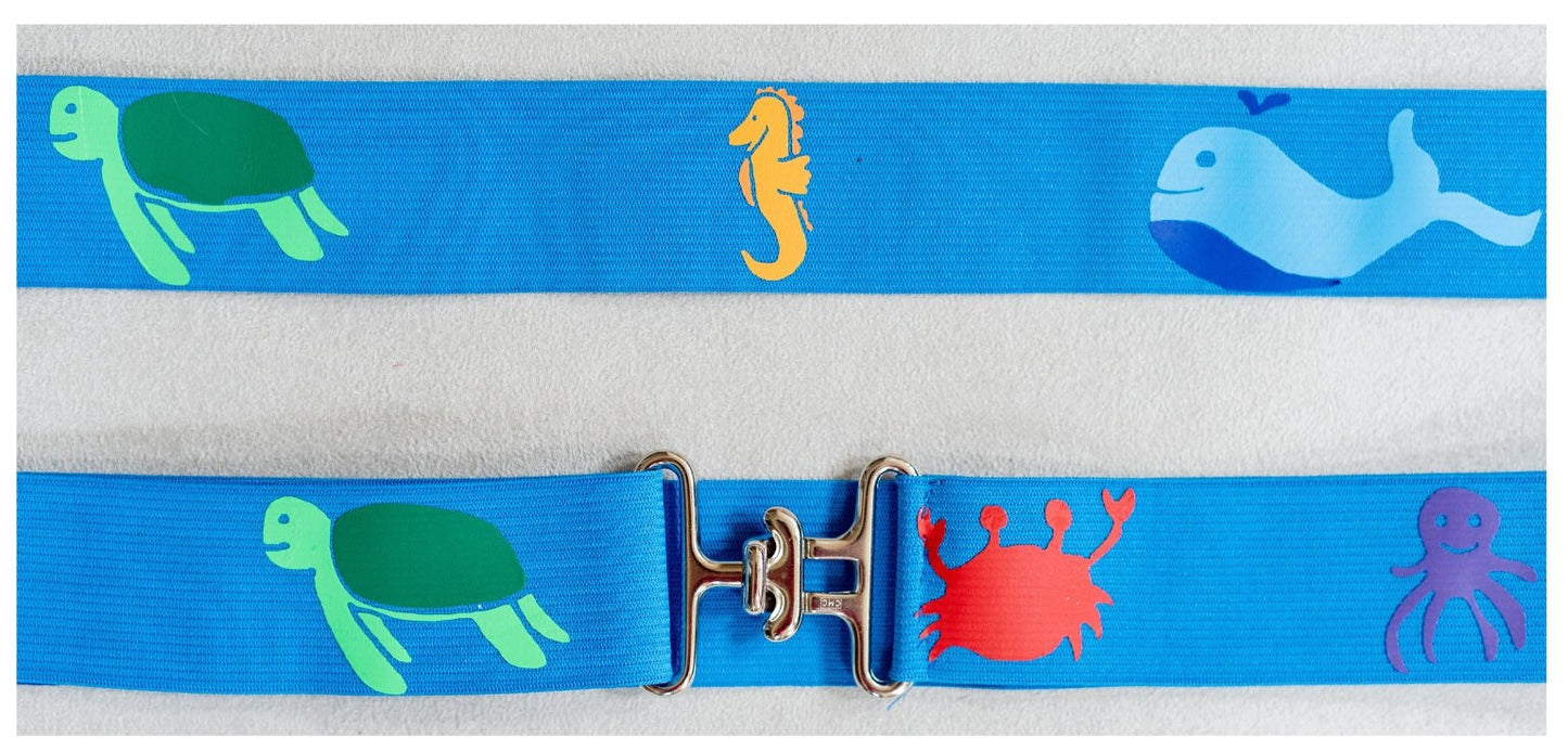 1.5 inch adjustable equestrian belt, Blue horse show belt, Elastic children’s belt with ocean life, Equestrian gift
