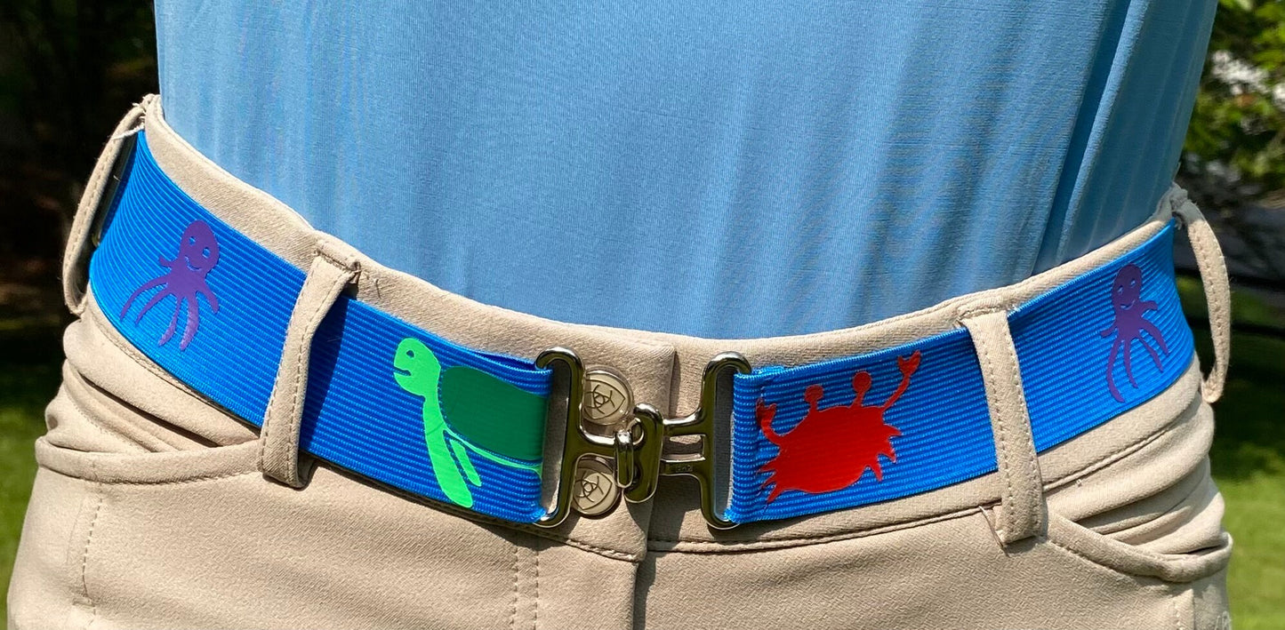 1.5 inch adjustable equestrian belt, Blue horse show belt, Elastic children’s belt with ocean life, Equestrian gift