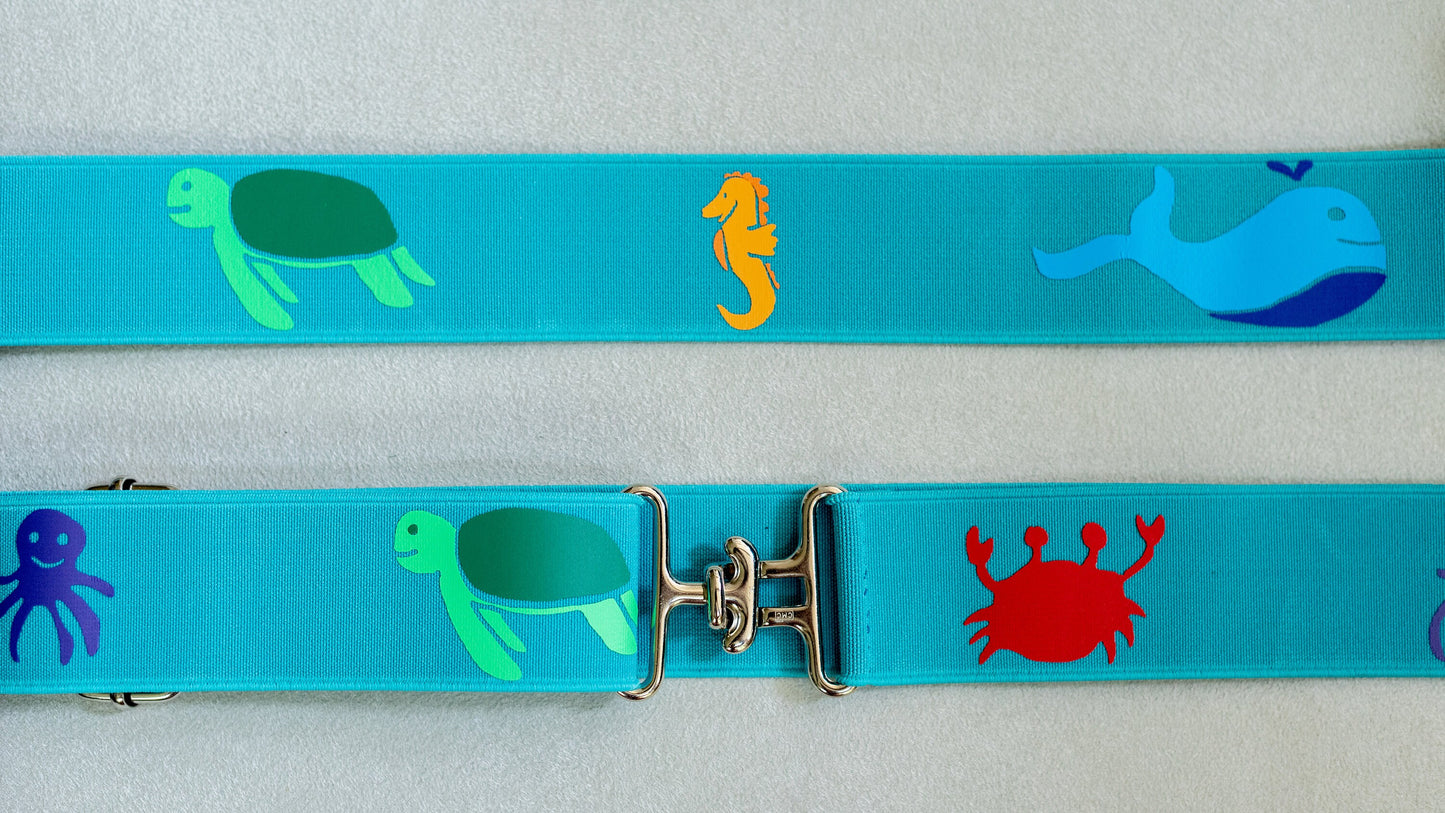 1.5 inch adjustable equestrian belt, Blue horse show belt, Elastic children’s belt with ocean life, Equestrian gift
