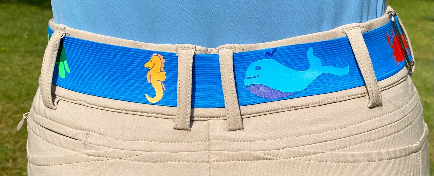 1.5 inch adjustable equestrian belt, Blue horse show belt, Elastic children’s belt with ocean life, Equestrian gift