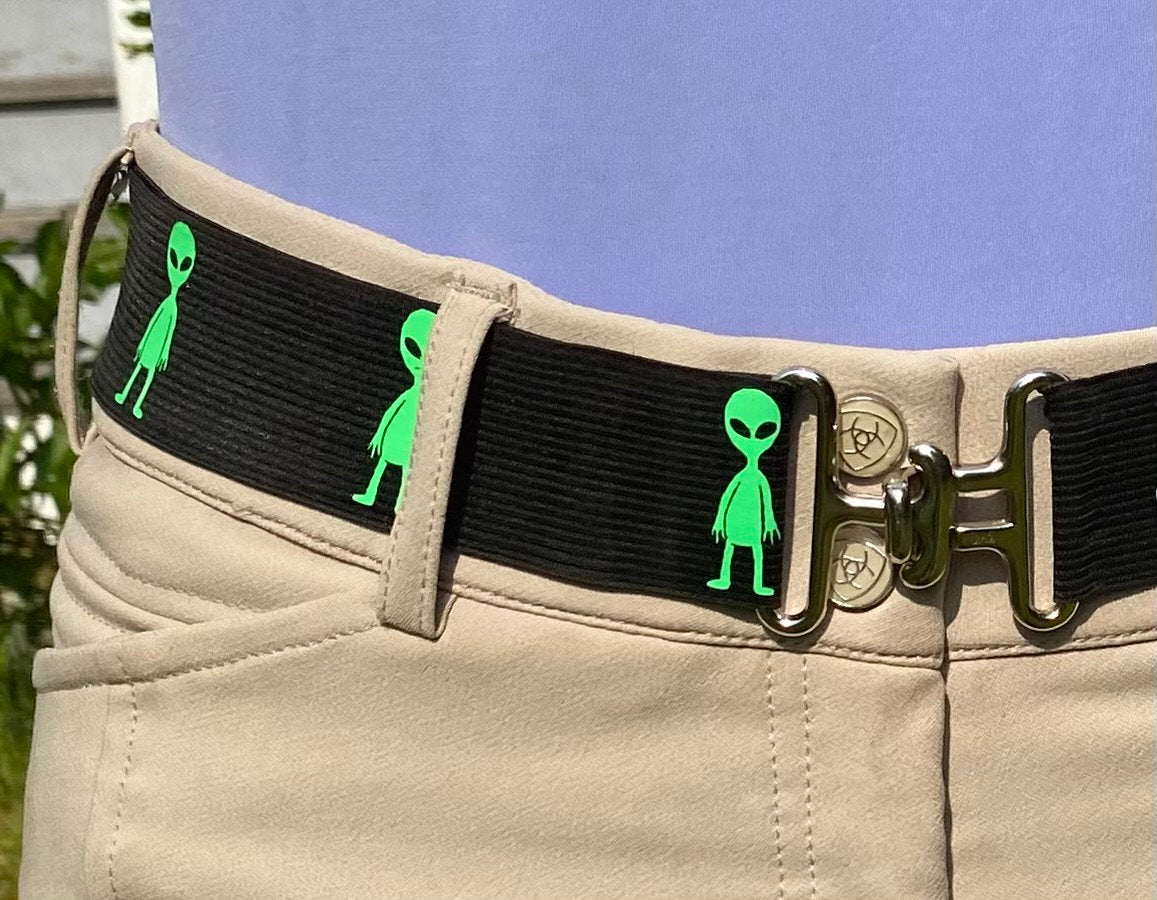 1.5 inch elastic equestrian belt, Green aliens belt, Adjustable horse show belt, Equestrian gift