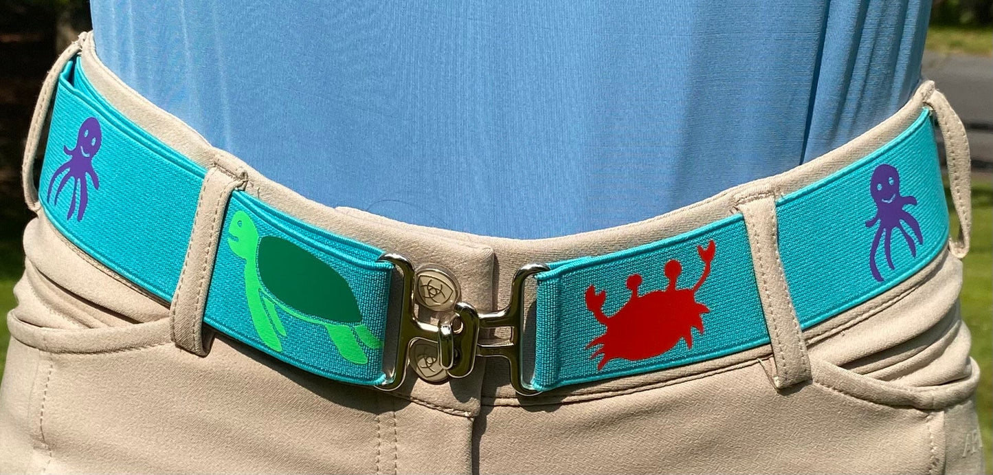 1.5 inch adjustable equestrian belt, Blue horse show belt, Elastic children’s belt with ocean life, Equestrian gift