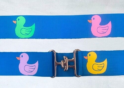 1.5 inch elastic equestrian belt, Multicolored ducks on blue horseback riding belt, Child horse show belt, Equestrian gift