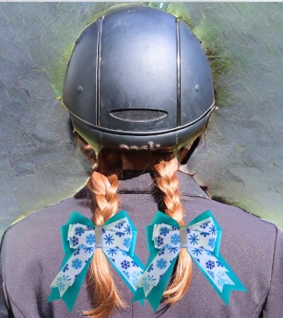 Holiday horse show bows,Christmas equestrian hair bows,Snowflake show bows, Stocking stuffer,Short stirrup, leadline bow for winter show